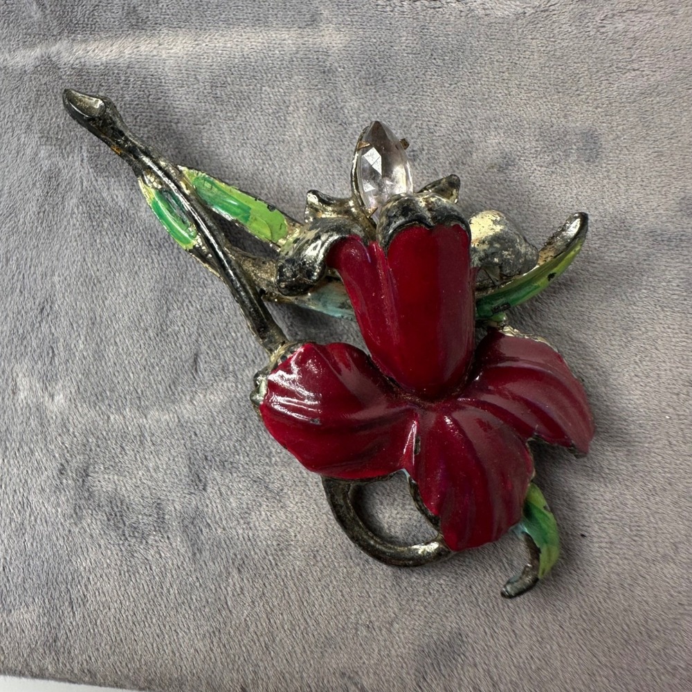 Vintage Red Enamel Flower Brooch Rhinestone Silver Tone Floral Pin‎ Lightweight